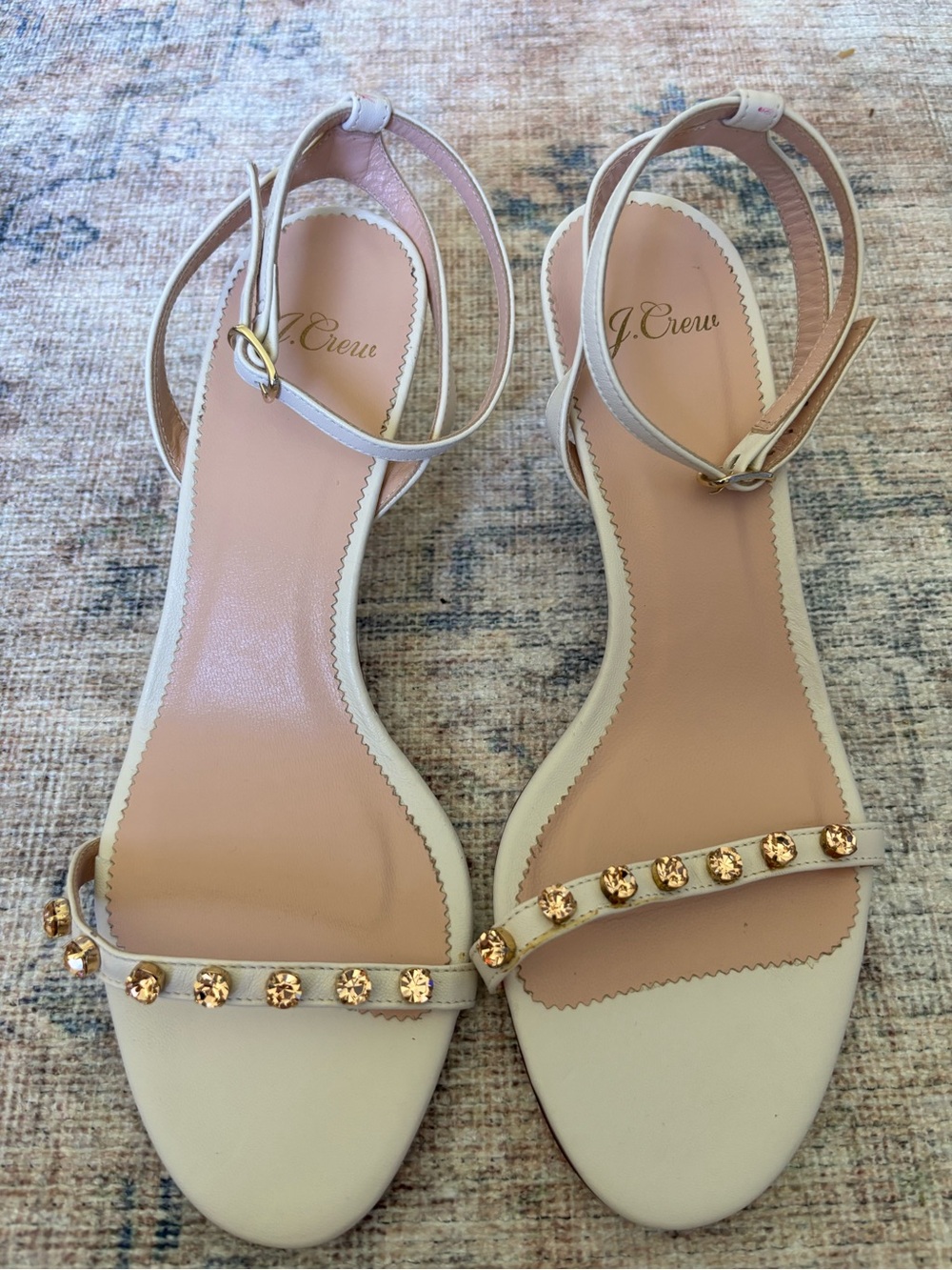 J. Crew Cream Leather Ankle-Strap Sandals with Studs